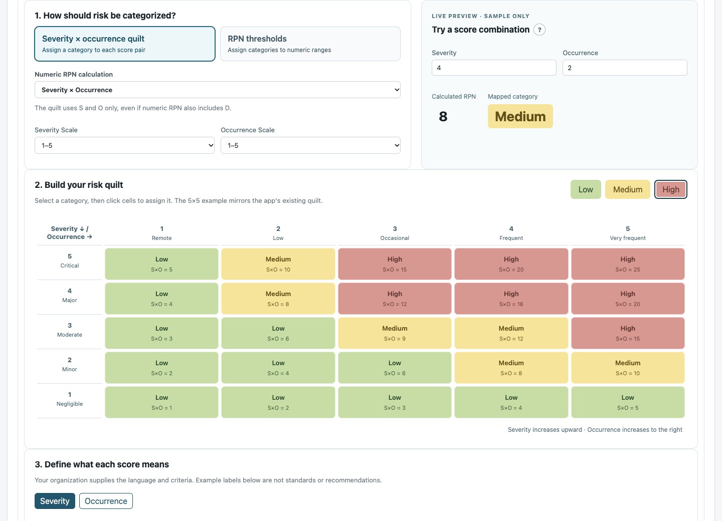 A configurable severity by occurrence risk quilt with low, medium and high categories and qualitative definitions